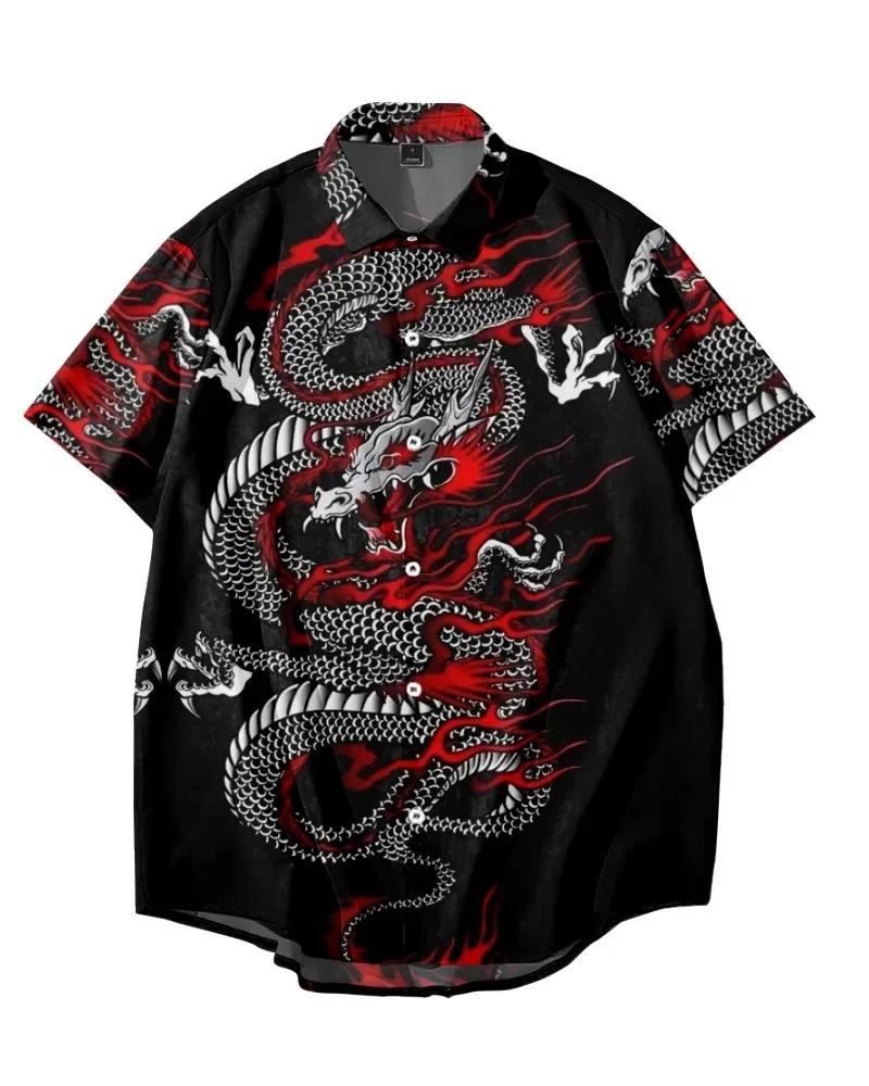 New Year Dragon Hawaiian Casual Men\'s Short Sleeve Shirt Y2k Vintage Top Breathable Camisas Casuais Blouse Man Clothing Society