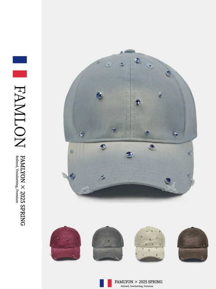 

Faionable Diamond Studded Baseball Cap Gradient Color Vintage Women Bling Bling Crystal Slim Fit Distressed Duckbill Hat Gorras