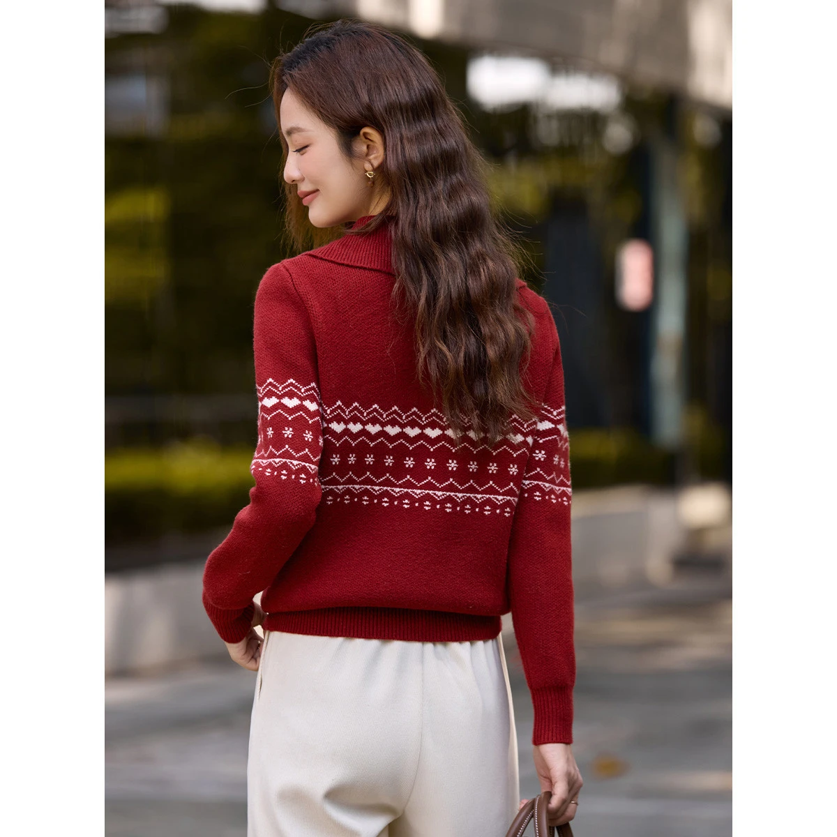 VIMLY Sweater Women's Winter 2025 New Fair Isle Jacquard Lapel Collar Zipper Knitwear Commuting High Elasticity Women Tops 75288