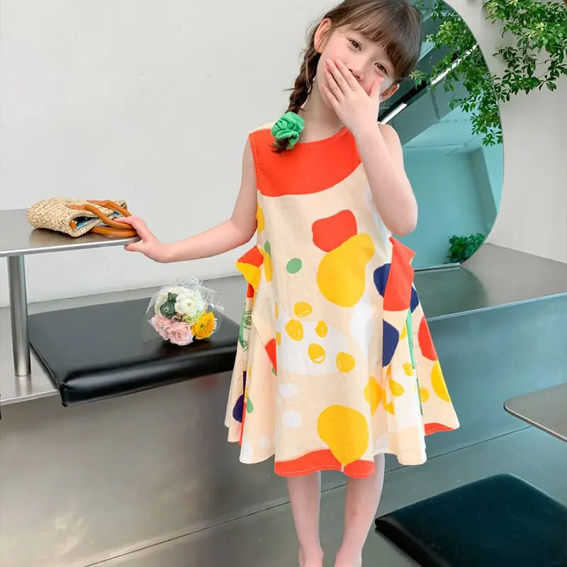 Elegant Fashion Harajuku Slim Fit Children Clothes Loose Casual All Match Sundress O Neck Printed Sleeveless Princess Dress