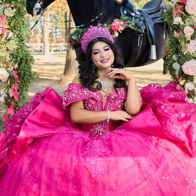 Rose Pink Quinceanera Dresses Off the Shoulder Glitter Decal Layering Long tail Bow Vestido De 15 Quinceanera Customize