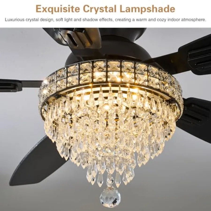 Crystal Ceiling Fan Fandelier with Lights for Bedroom: 54 Low Profile Flush Mount, Black, Reversible Dimmable Noiseless Fan wit