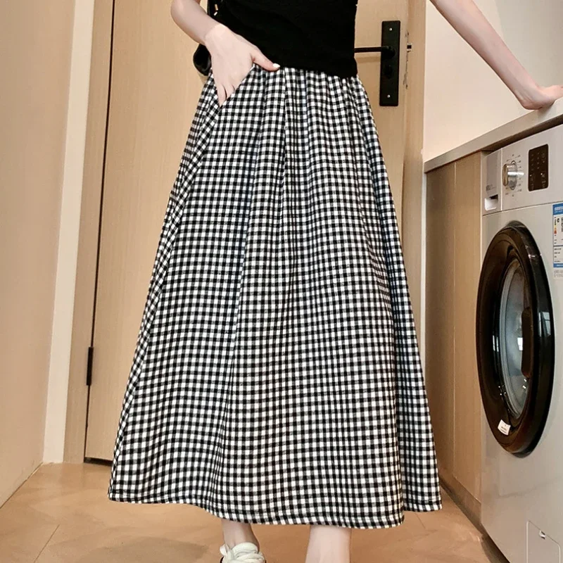 2024 New Black White Lattice Women A-line Skirt High Waist Slim Summer Pocket Long Skirts Cute Sweet Girls Skirt Girls Clothing