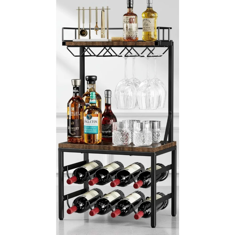 

3-х уровневый отдельно стоящий шкаф для спиртных напитков со стойкой для вина, хранилищем на 8 бутылок и стеклянными держателями для домашнего бара — коричневый в стиле ретро