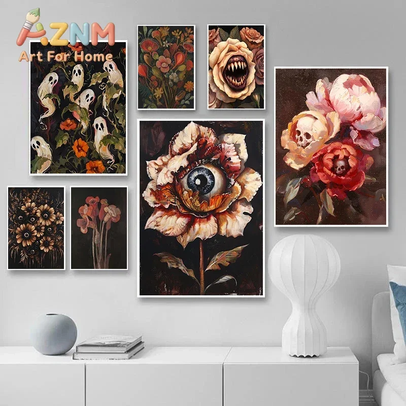 AZNM Gothic Dark Floral Canvas Wall Art Skull Eyeball Flower Ghost Vintage Dark Style Oil Art Print Unframed Canvas Poster for H