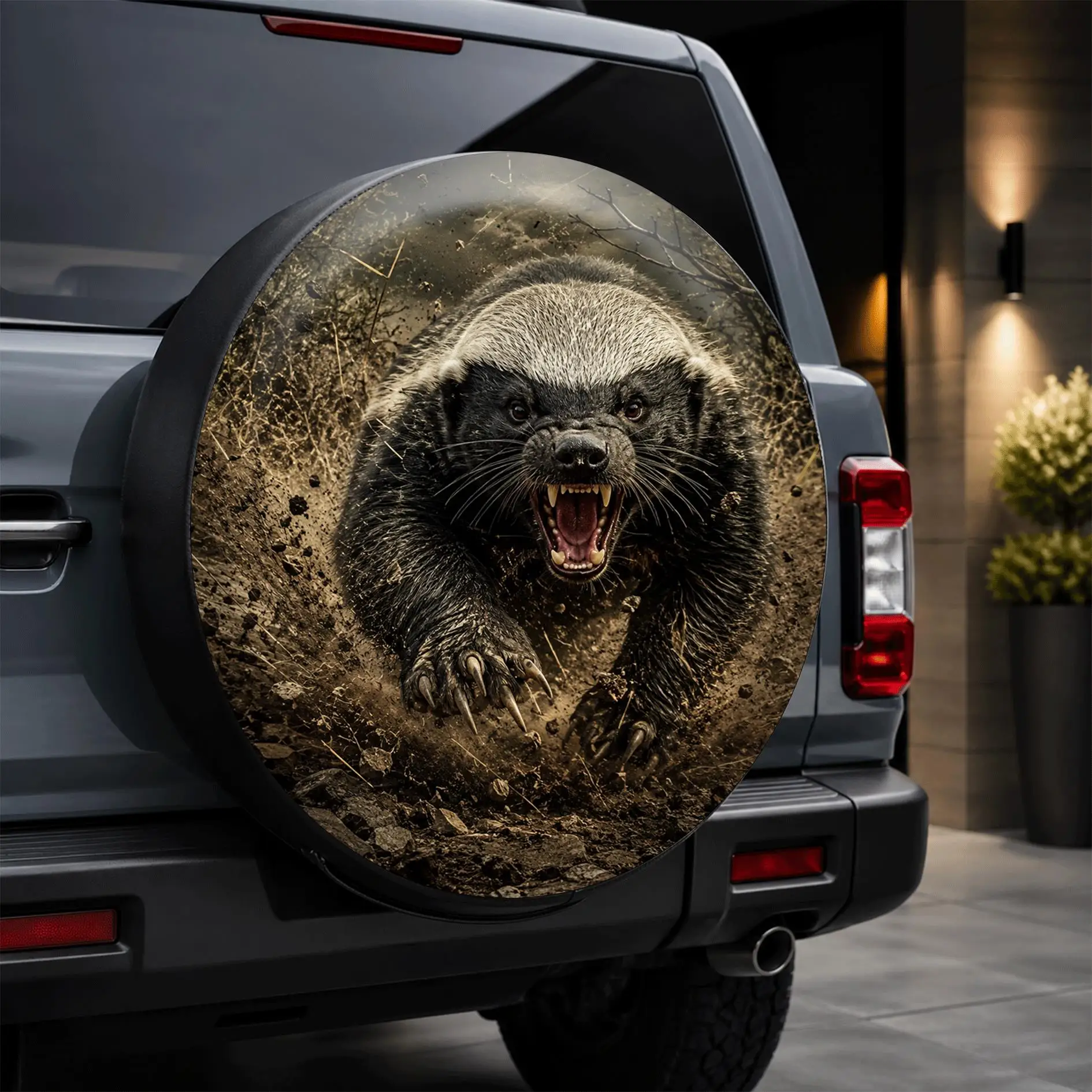 1pc Honey Badger Fierce Style Printed Pattern Car Tire Cover, Fashionable Universal Wheel Hub Protector, Spare Tire Protection,