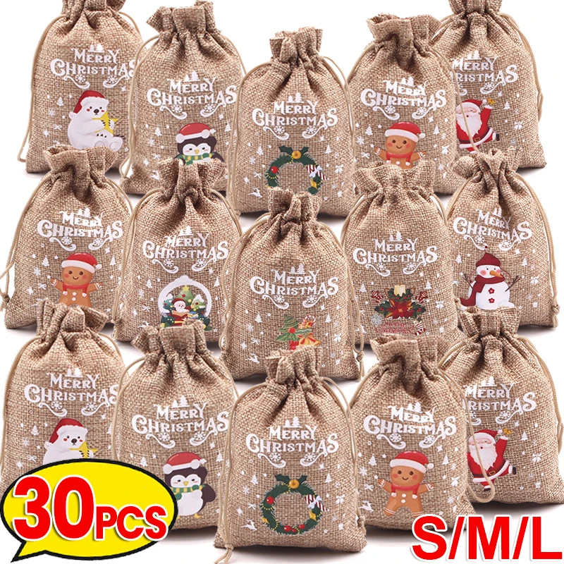 1/30PCS Świąteczne lniane torby ze sznurkiem Torebki na cukierki Torebki na biżuterię Torebki na prezenty dla dzieci Xmas Kids
