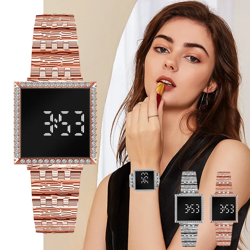 UTHAI W68 Women\'s Electronic Watch LED Night Glow Square Wristwatch Diamond Inlay Vintage Simple Fashion Ladies Clock Watches