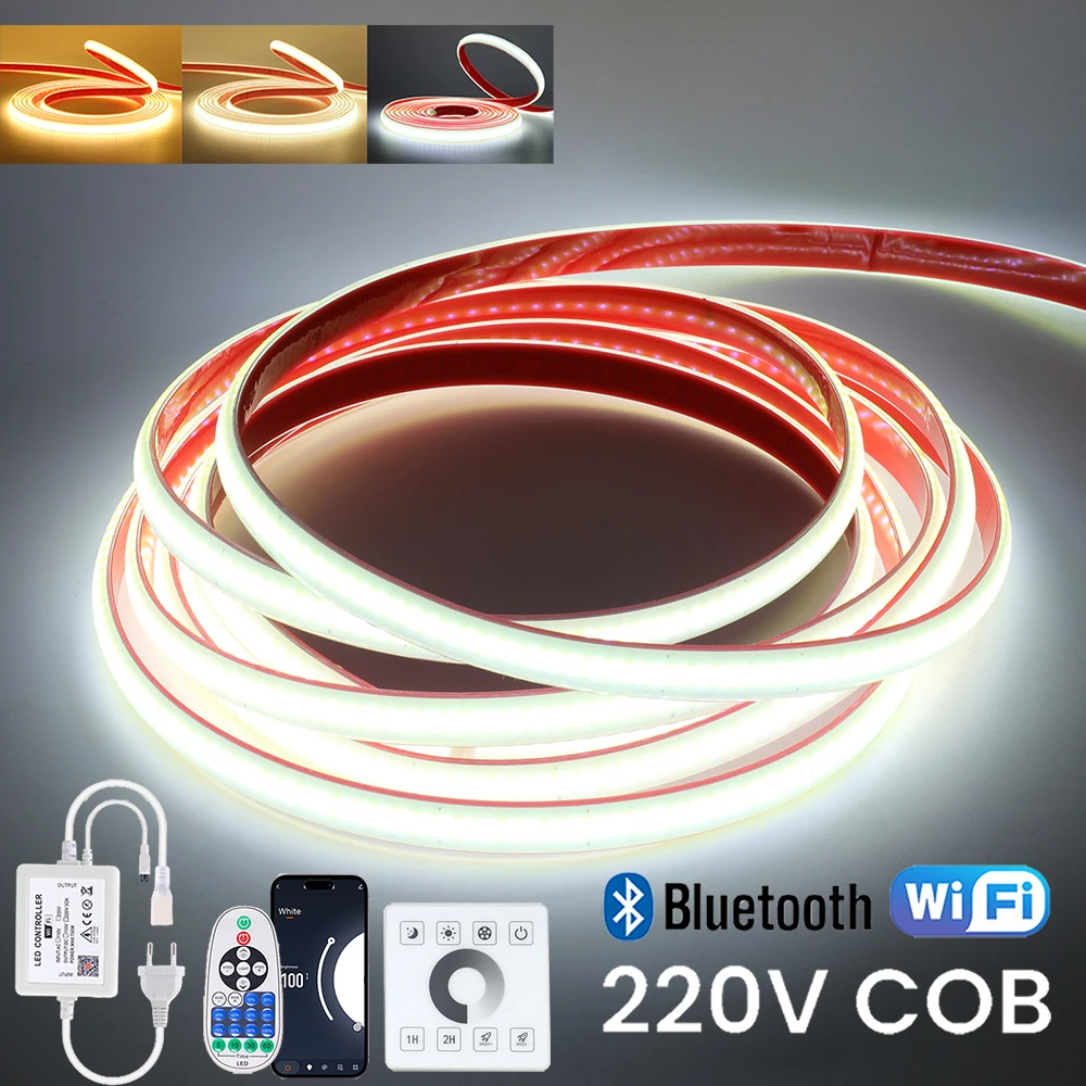 

220V WIFI Bluetooth COB LED Strip Light Tape Dimmable Wall Touch 23key Remote Control Power Kit 288LED Flex Lamp IP67 Waterproof