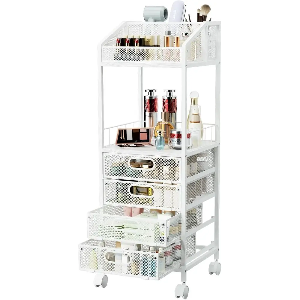 

Makeup Organizer Storage Cart - Floor Skincare Make Up Storage with 4 Drawers, Rolling Makeup Cart Vanity Organizer Cosmetics Di