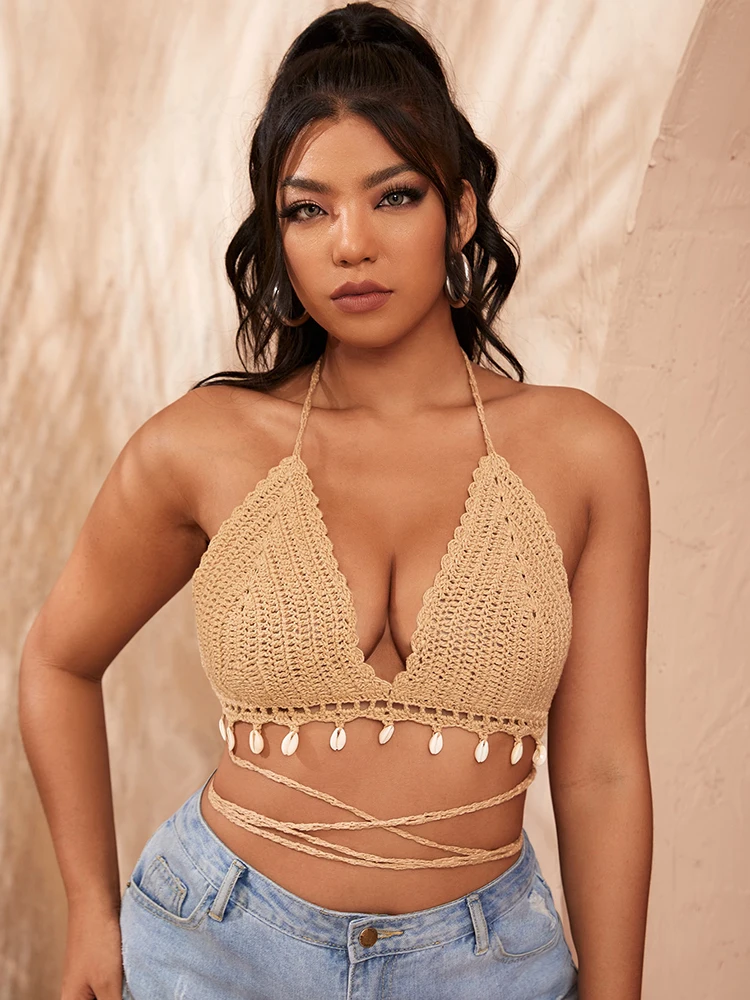 

Plus Size Crochet Shell Tassel Bikini Top Swimsuit Bikini Sunbathing Beach Spa Swimsuit Bra Tie Back Halter Triangle Bikini Top