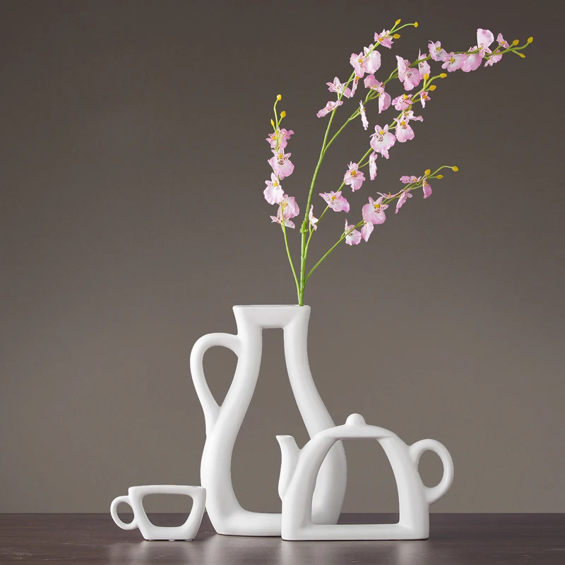 Modern Creative Ceramic Vase, White Tabletop Flower, Teapot Vases, 3 Sizes, Wedding Home Decoration Accessories, 1Set