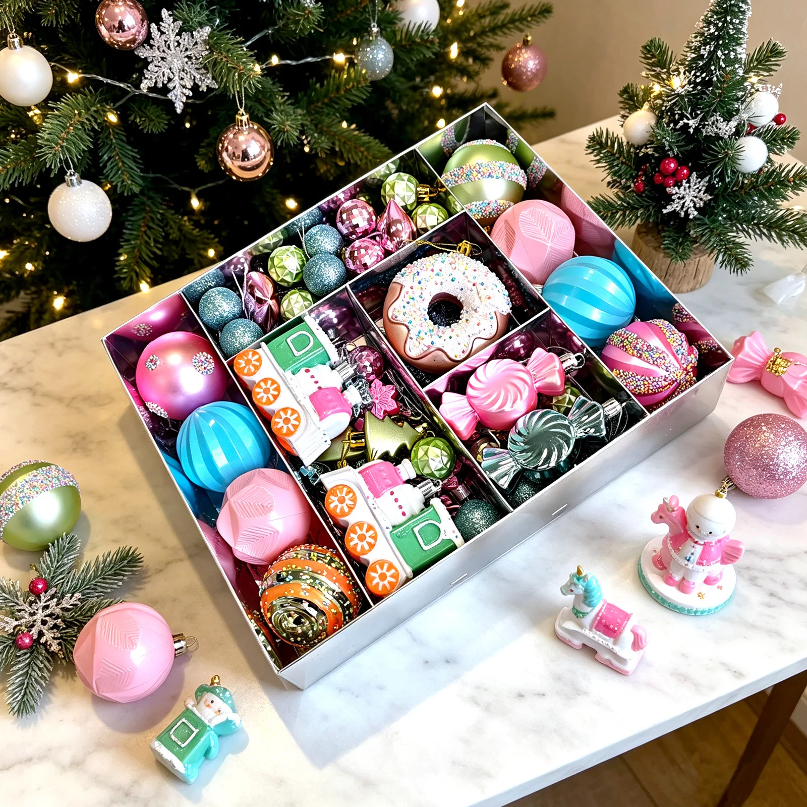 82/58PCS Macaron Candy Christmas Ball Set Mini Train Candy Donut Christmas Tree Ornaments Xmas Party Supplies