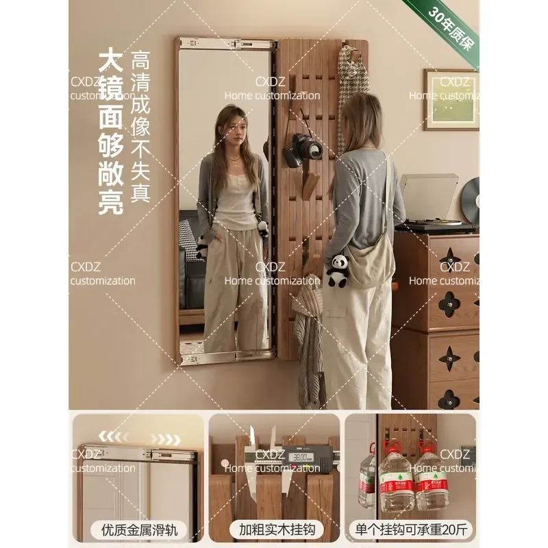 Piano Key Full Length Mirror Coat Rack Integrated Entryway Wall Mounted Sliding Hidden Solid Wood Storage Cabinet for Hallway