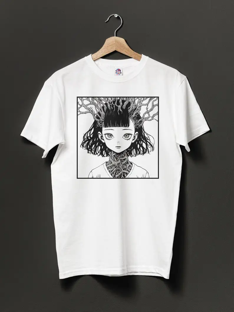 Anime T-shirt, Girl With Roots Out Of Her Head, manga, horror, Junji Ito style, Shintaro Kago style.