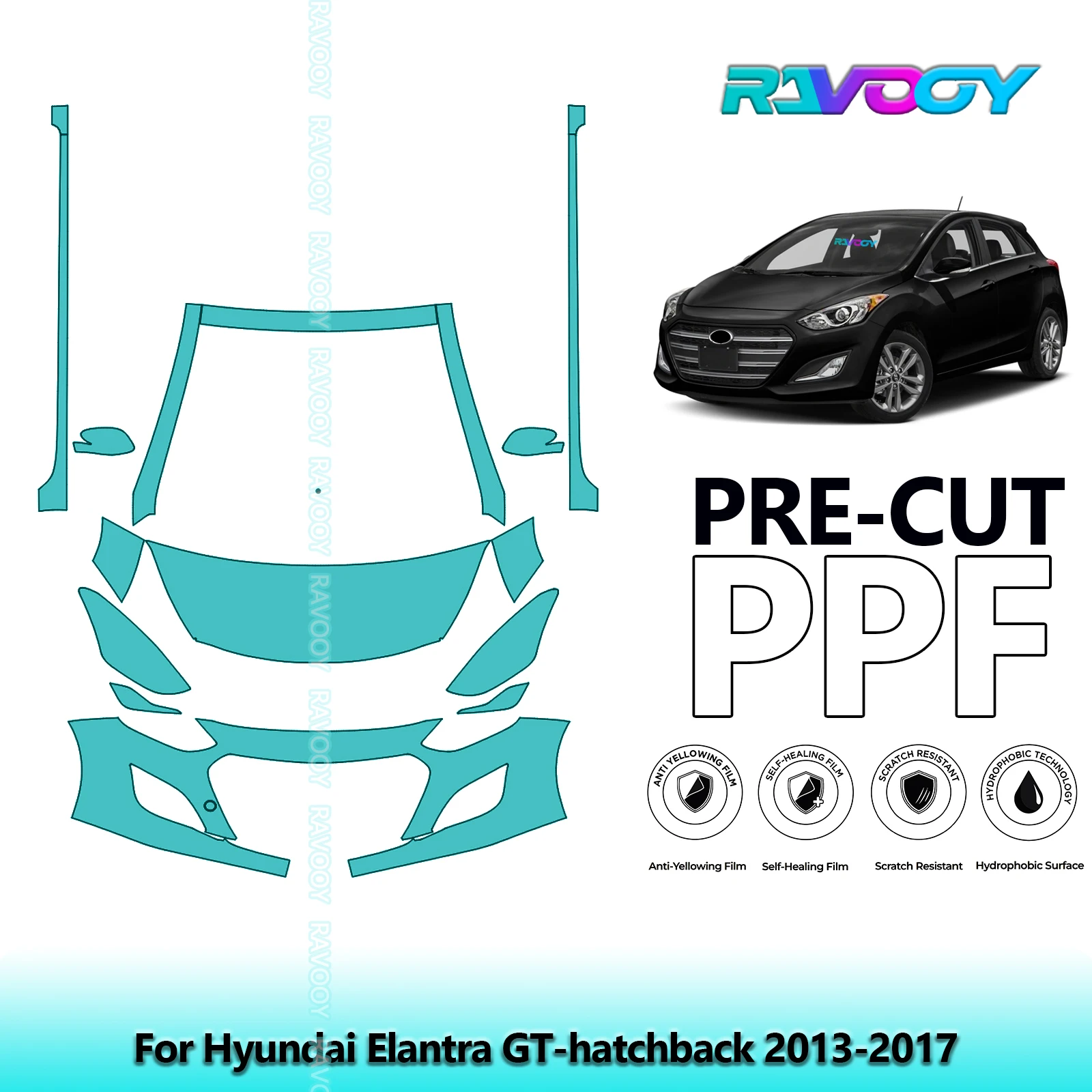 

8.5Mil Precut Paint Protection Film PPF Clear Bra Front Kit+Rockers For Hyundai Elantra GT-hatchback 2013-2017