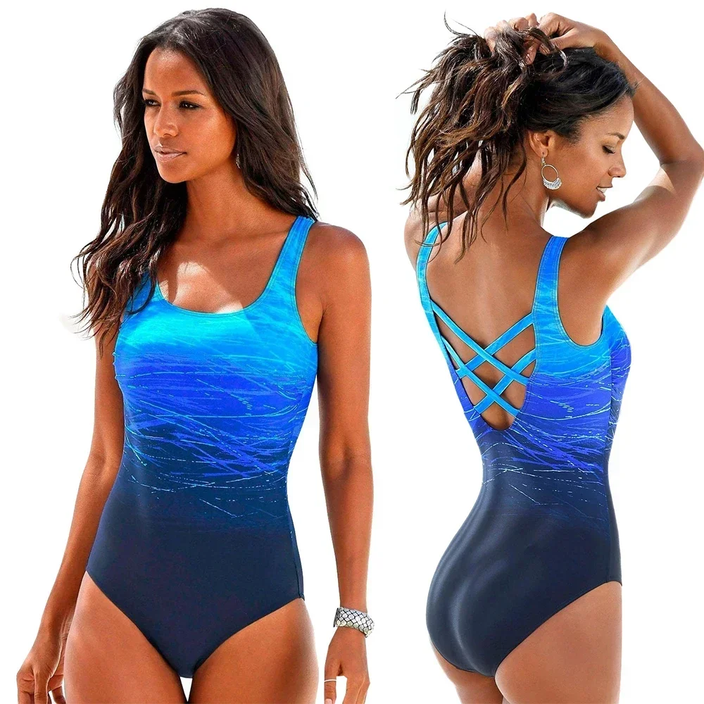 Push Up Swimwear Criss Cross Back One-piece Beach Bathing Suit Gradient Print Plavky Sexy One Piece Women Swimsuit Mujer Mayo