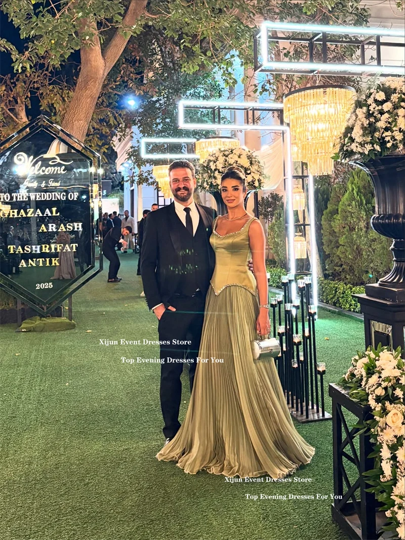 Xijun Gogerous Sage Green Evening Dresses Spaghetti Strap Crystal Ruched Prom Dresses Sleeveless A-Line Formal Prom Gowns Custom image 5