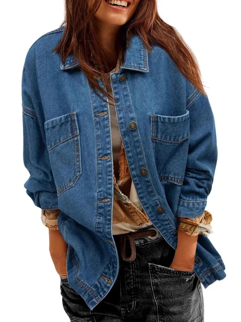 

Повседневная джинсовая куртка Long Sve для женщин, тонкая верхняя одежда с разрезом на пуговицах и дизайном Briti Sle для повседневной носки