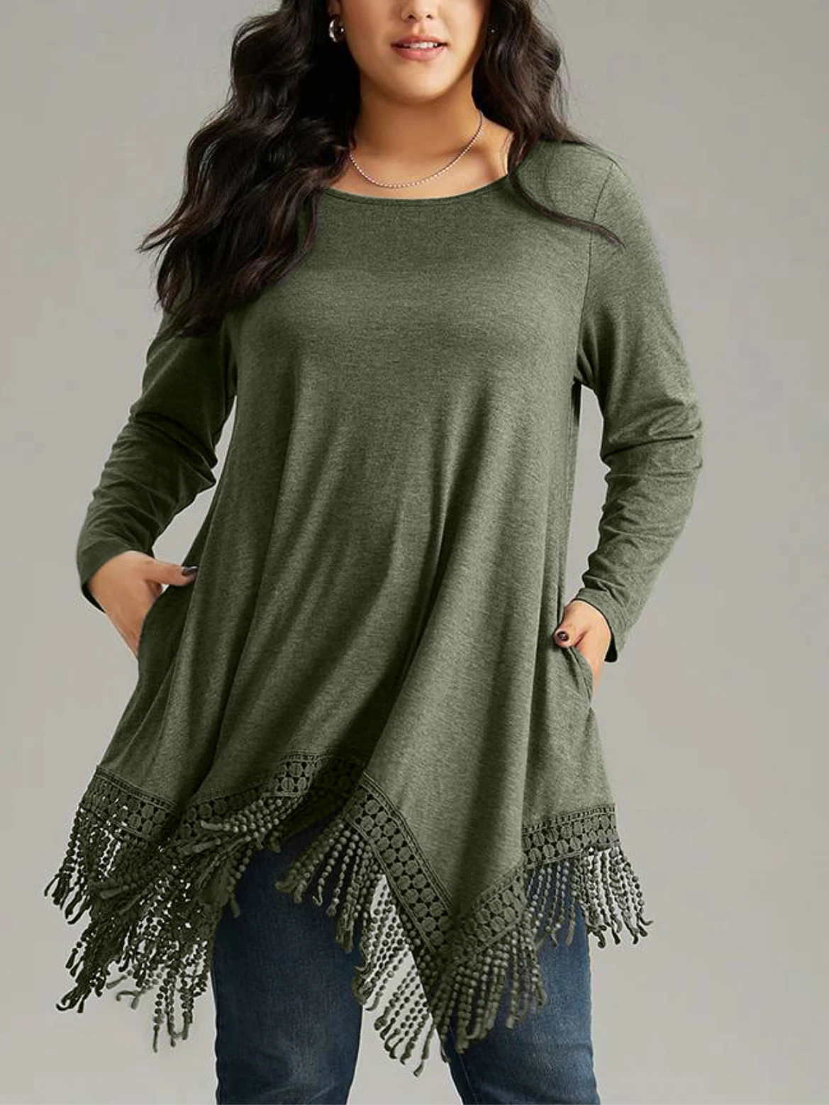 Women's Plus Size Tassel T Shirt Long Sleeve Round Neck Solid Basic Loose Aysmmetric Hem Tee Tops for Autumn 2024 Casual t shirt