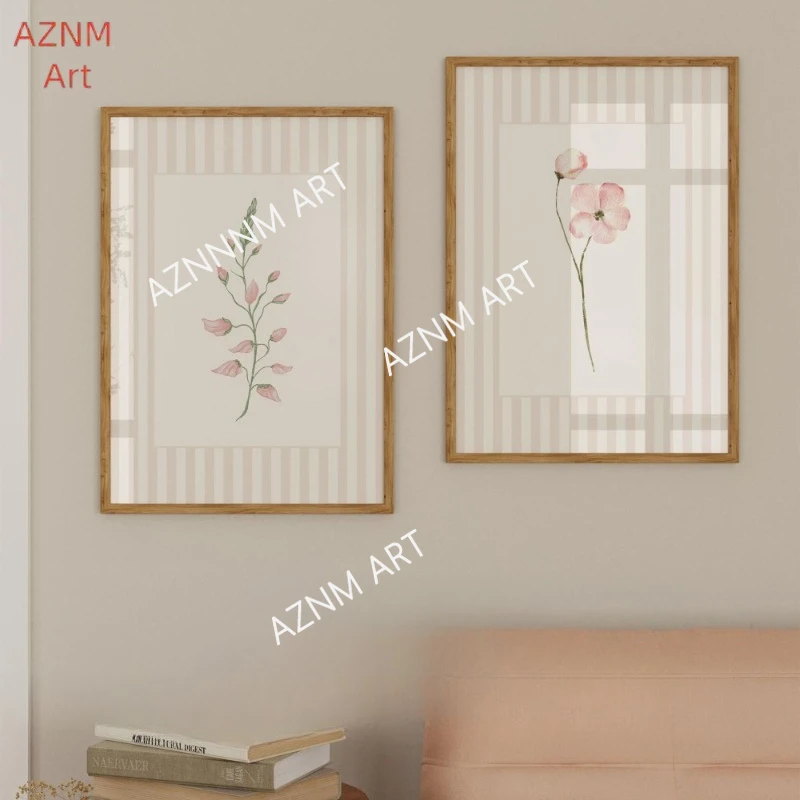 1/2-teiliges rosa Wildblumen-Druckset – Vintage französische Land-Wandkunst auf Leinwand