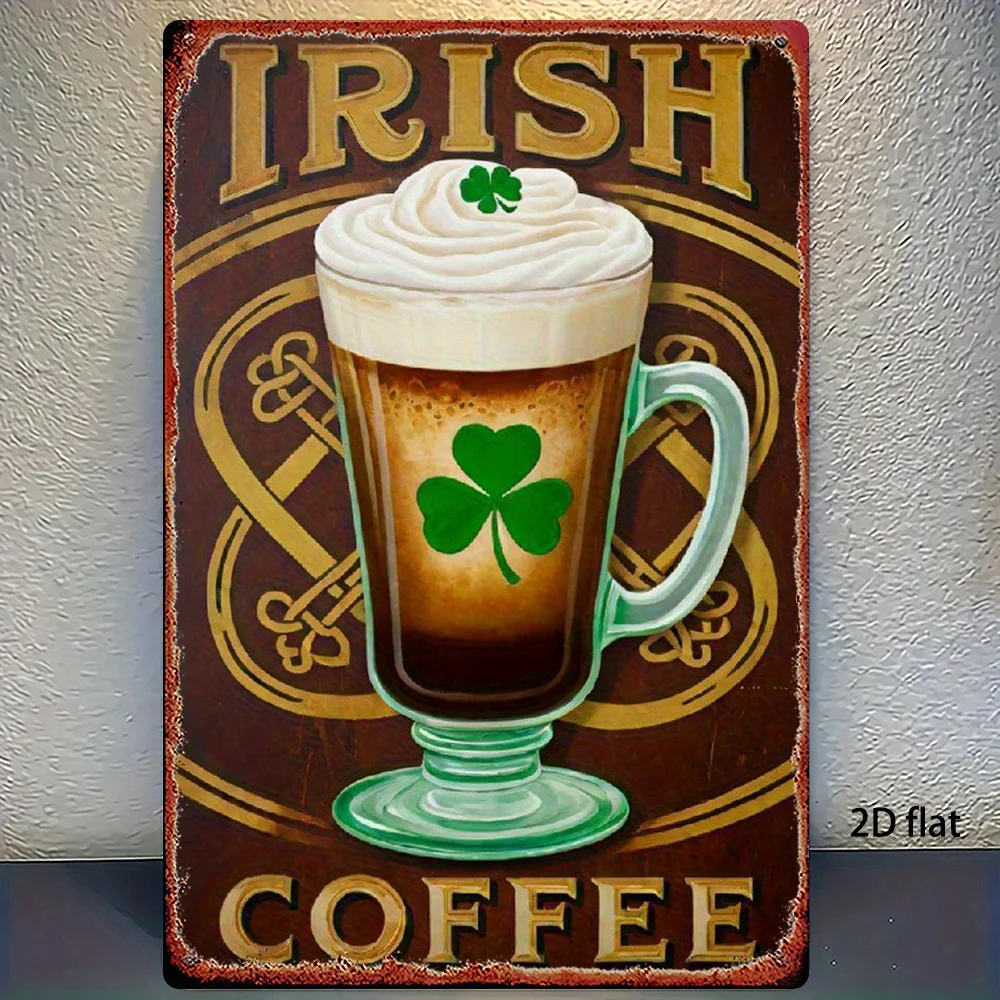 2D Flat, 1pc Vintage Irish Coffee Wall Art Sign - Retro Green Leaf & Coffee Bean Metal Plate Décor, 8x12 Inch (20x30cm)Flat I
