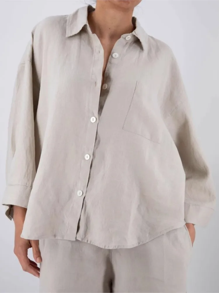 

2025 Spring/Summer Simple Solid Color European and American Style Casual Set Women's Cotton and Hemp Long Sleeve Shorts Set