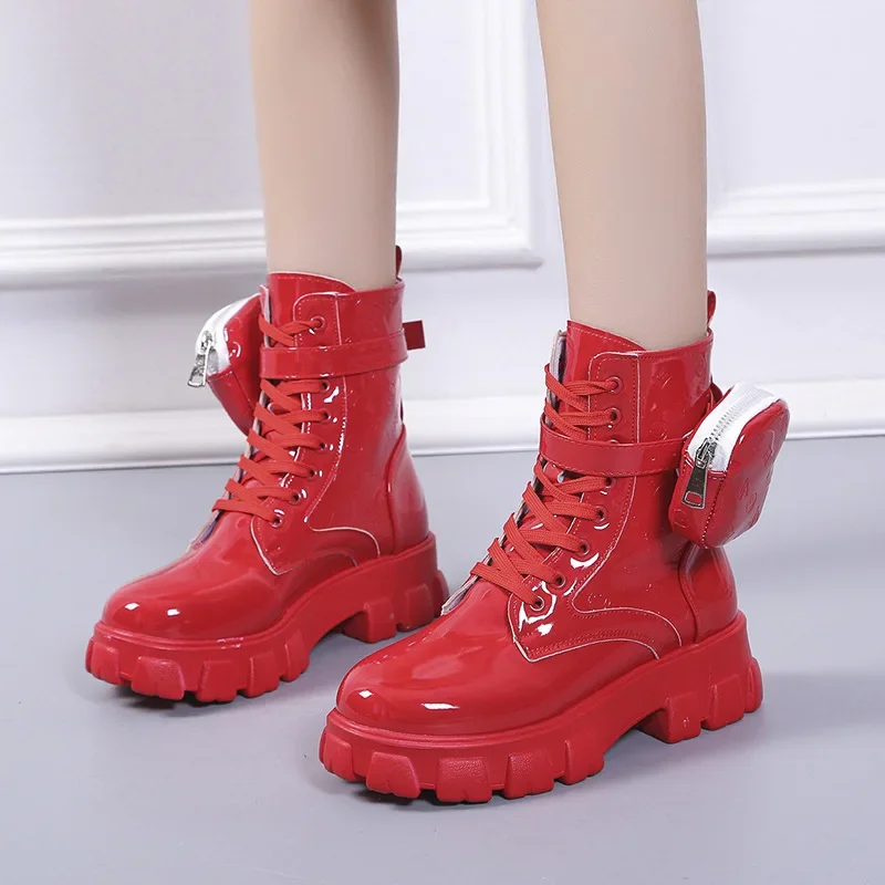 2024 New Red bag boots, women\'s new printed color, plush and thick bottom, lace up short boots women boots