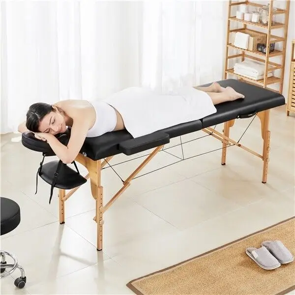 

Massage Table 2 Folds Spa Bed Portable Wooden Beauty Spa Table Adjustable Salon Bed Lightweight Black Used