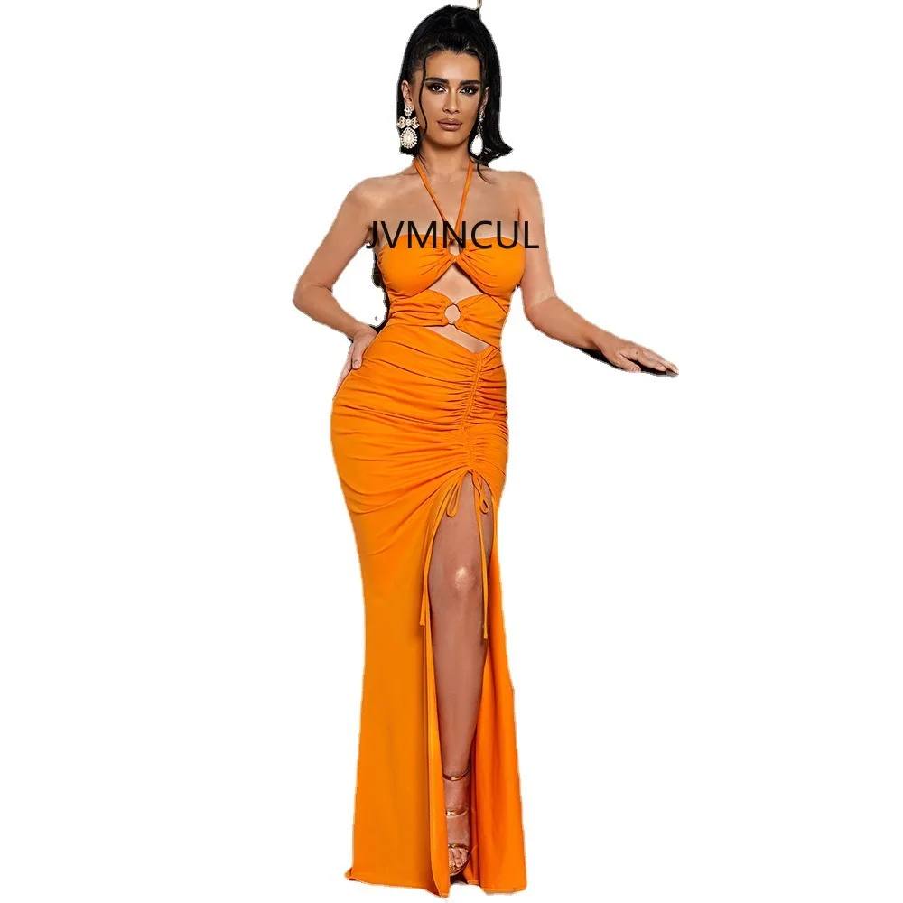 Szykowna suknia wieczorowa bez rękawów w stylu europejskim i amerykańskim 2025, dopasowana do podłogi, z dekoltem typu halter, w eleganckim, jednolitym kolorze