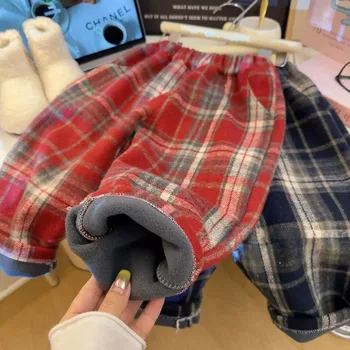 2025 Autumn and Winter New Trendy and Fashionable Children's Plush Casual  Versatile Checkered Straight Leg Pants Korean Version 5