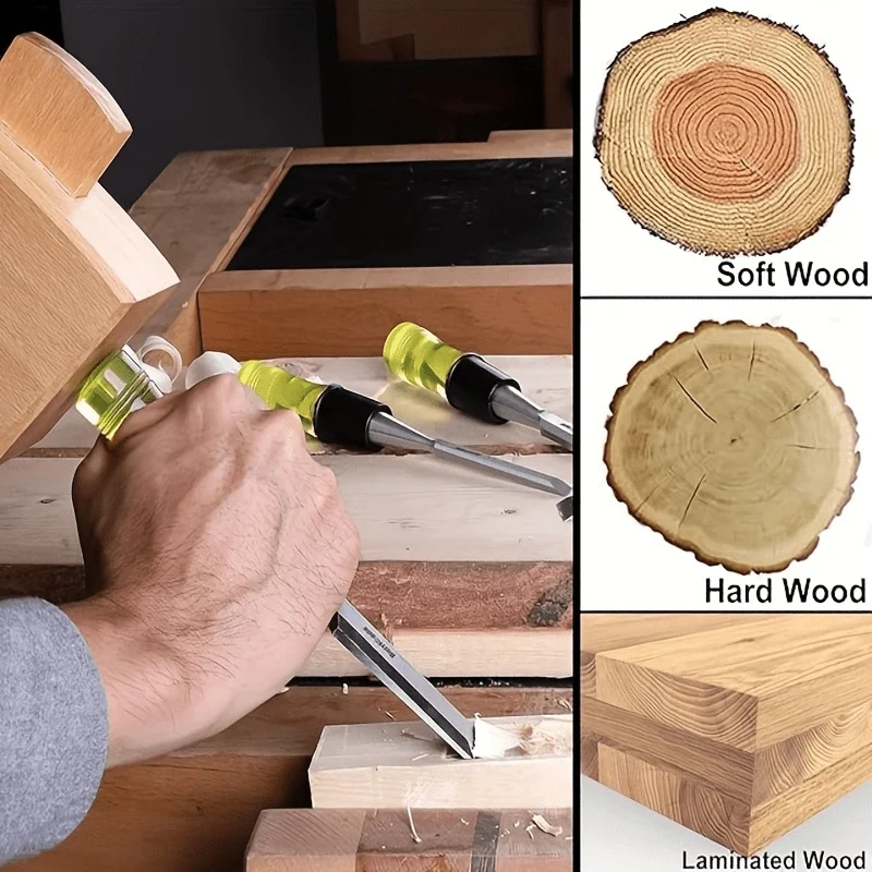 Set di scalpelli per legno da 4 pezzi per la lavorazione del legno Lama con bordo smussato in acciaio CR-V Utensile manuale per scalpello per legno con manico ad alto impatto in PVC durevole