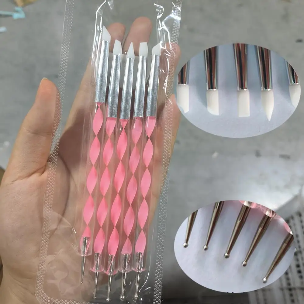 5 pz/set Double-Ended Intagliare e Unghie Che Punteggia Penna 2In1 Scultura In Silicone Pennello Del Fiore per UVGel Polacco Manicure Salone Pittura Penna