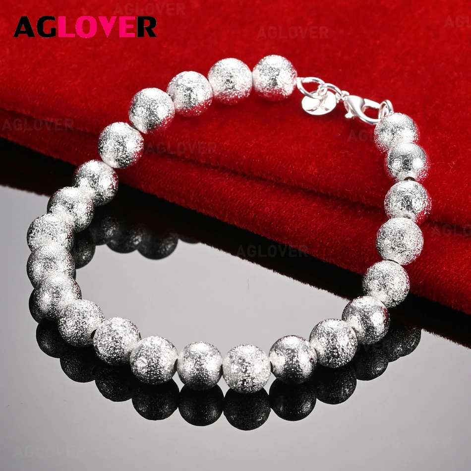 

AGLOVER 925 Sterling Silver 8mm Frosted Hollow Bead Bracelet Women Fashion Wedding Party Jewelry