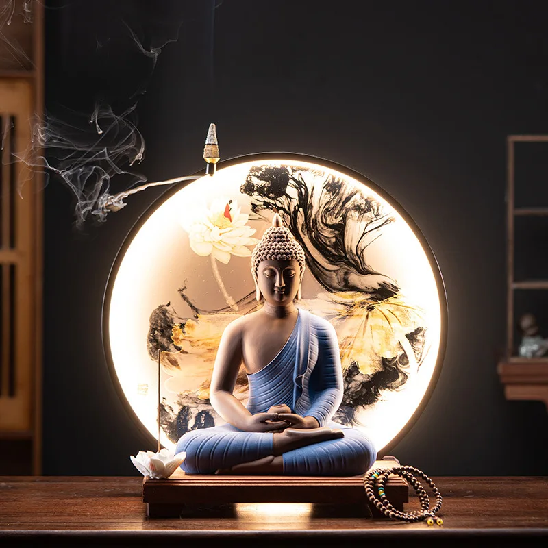 LED Light large figure of Buddha Waterfall Backflow Ceramic Back flow Incense Burners Incense Holder