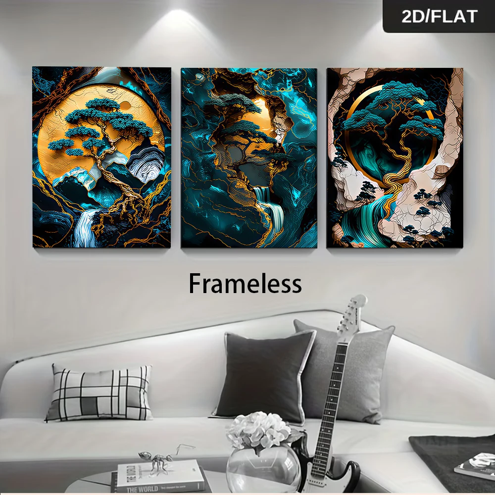 One set of Neo-Chinese Zen-inspired landscape triptych frameless wall painting, depicting the imagery of pine trees, moon, and f