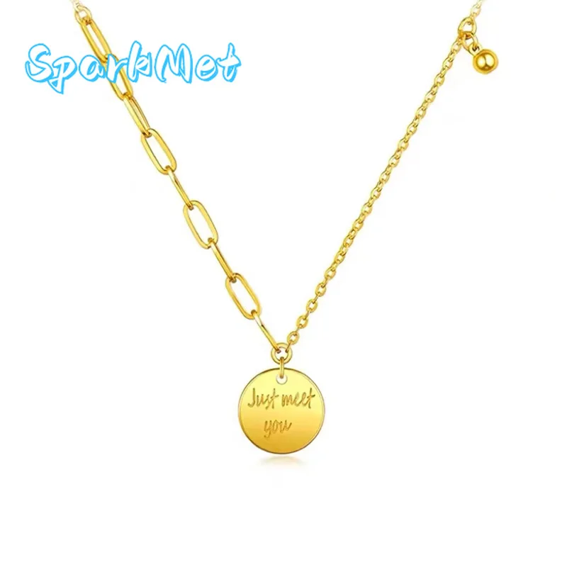 

Золотая цепочка Sparkmet в европейском и американском стиле, 9999 пробы, 24K, с круглым кулоном-буквой, летняя цепочка для футболки, ювелирное украшение