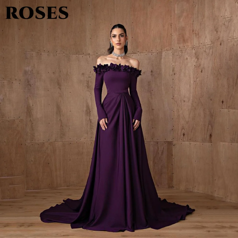 

ROSES Purple A-Line Prom Dresses Off The Shoulder Long Sleeves Celebrity Dress with 3D Flowers Women Evening Dress Customized