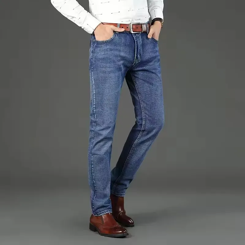 Jeans Elit Bisnis Hitam dan Biru Set 2 Potong Musim Semi Musim Gugur 2025 Celana Denim Berkualitas Tinggi Multicraft Kaki Lurus Elastis Mikro