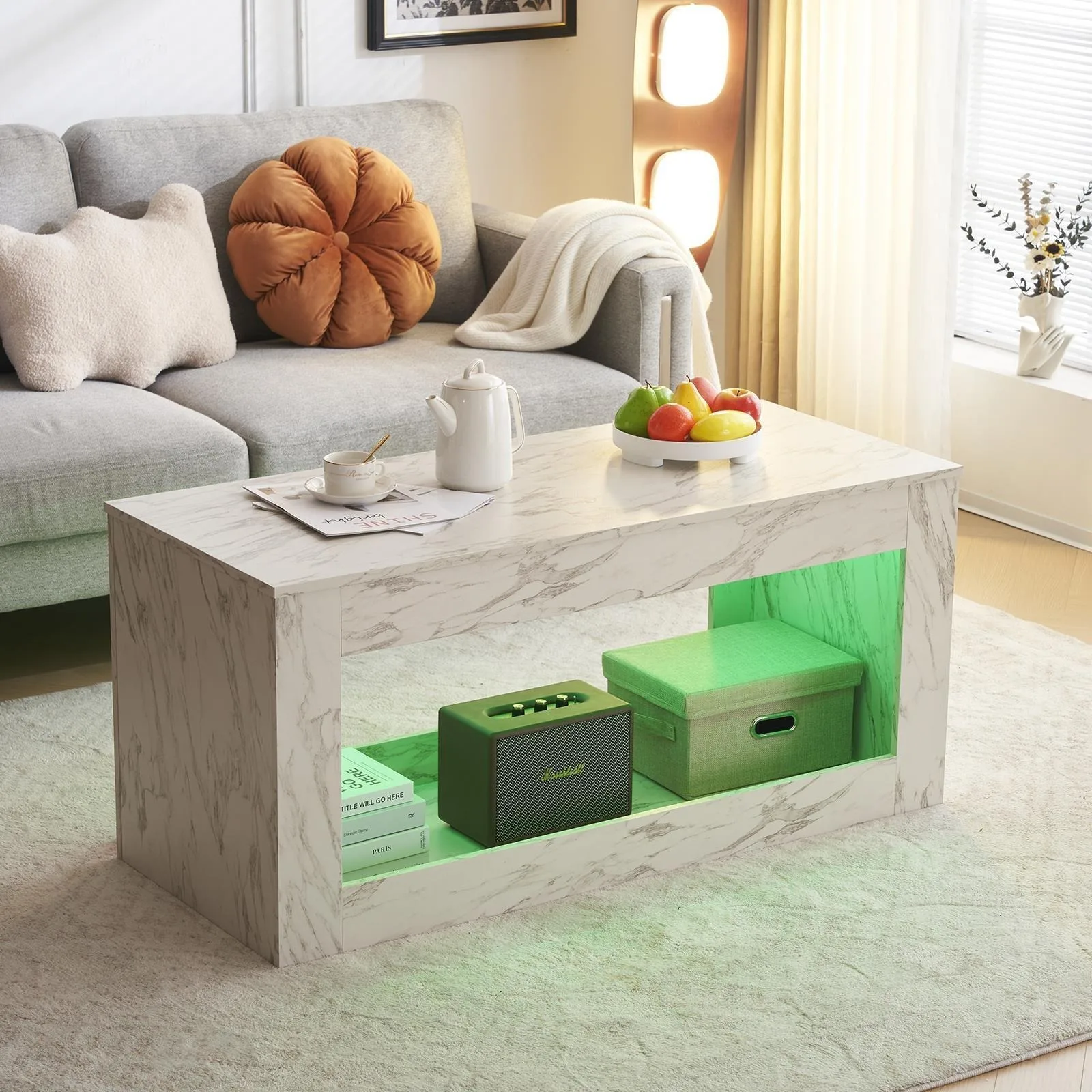 High Gloss Table RGB LED Lights Center Cocktail Table with Storage Living Room United States