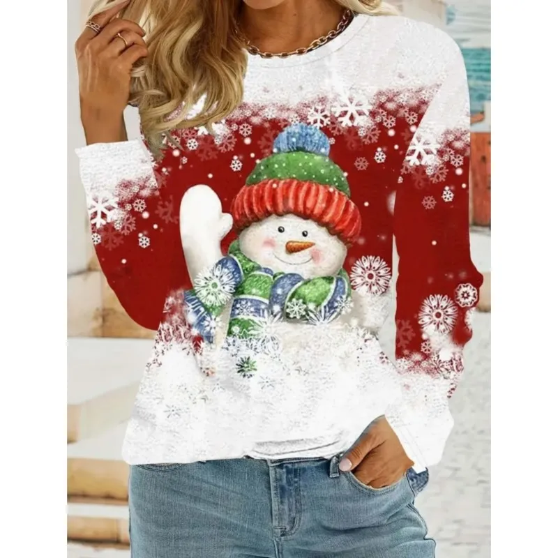 New Women\'s Top Snowman Printed Round Neck T-shirt Personalized Casual Cute Style Long Sleeve T-shirt Women\'s Spring and Autumn