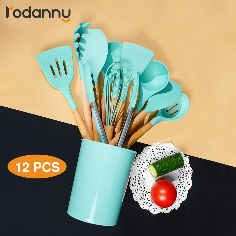 Rodanny 12PC Kitchen Silicone Cooking Utensils Set Non-stick Cookware With Wooden Handle Anti-slip Shovel Spoon Cooking Tool