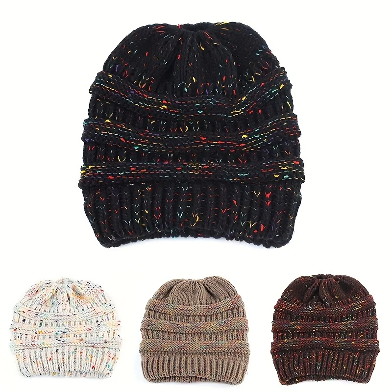 

Open Crown Ponytail Hat for Women Mixed Yarn Knitted Beanie with Floral Design Winter Warm Cap Autumn Winter Fashion Headwear