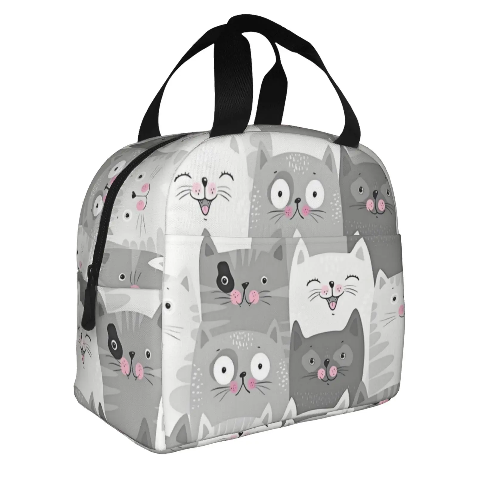 Cute Grey Cats Print Lunch Bag Insulated Lunch Box Reusable Cooler Thermal Meal Tote for Women Girls Work School Picnic