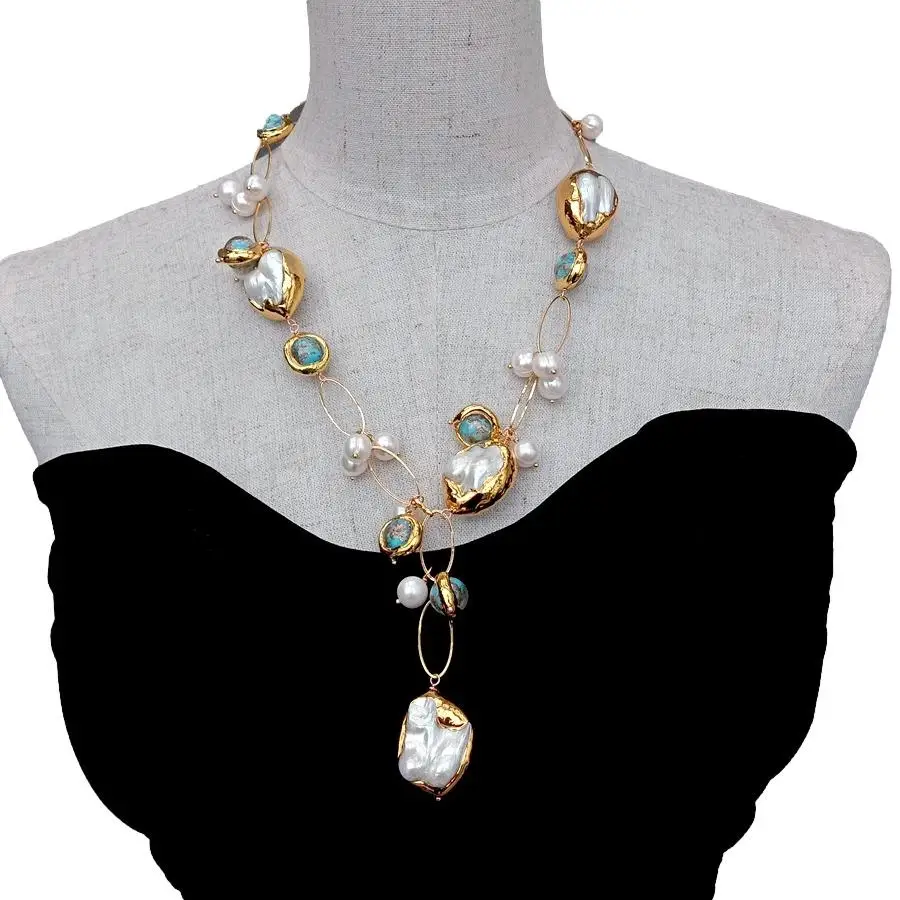 Y·YING Mother Of Pearl Shell Cultured Pearl Blue Murano Glass Gold Plated Neckace Women Jewelry Gift
