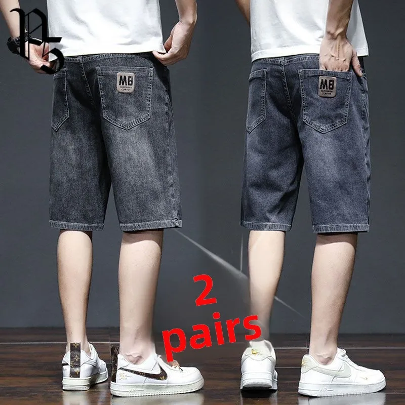 

Летние тонкие мужские джинсовые орты, повседневные эластичные свободные хлопковые эластичные джинсы с пятью точками, молодежные прямые брюки с высокой талией