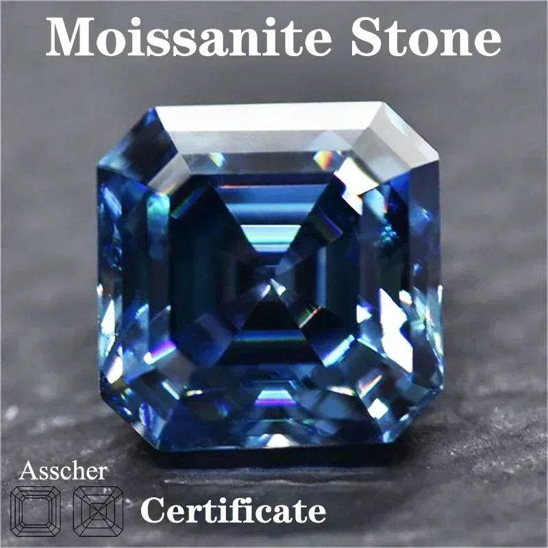 

Moissanite Stone Sapphire Blue Asscher Cut with GRA Certificate Pass Diamond Tester for Gemstone Charms Jewelry Making Materials