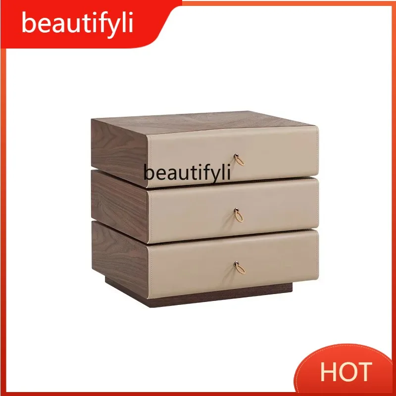 A139 Italian Minimalist Solid Wood Bedside Table Rotating Three-Drawer Nightstand Light Luxury Vintage Bedroom Chest of Drawers