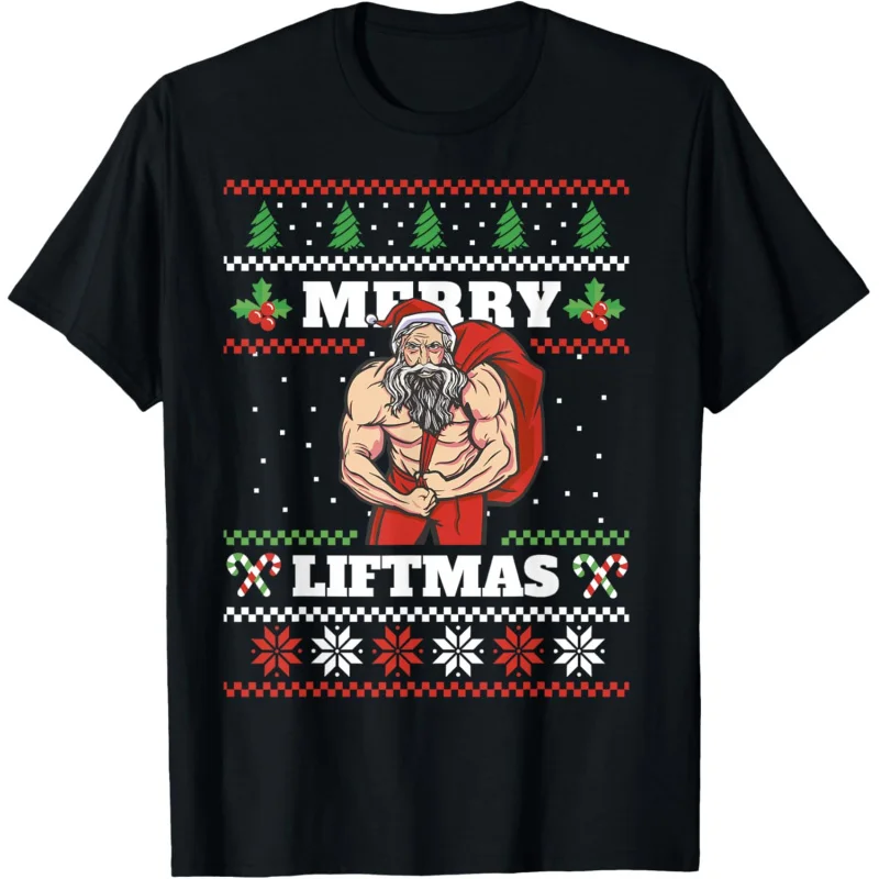 Funny Muscle Santa Lifting Christmas Ugly Christmas T-Shirt