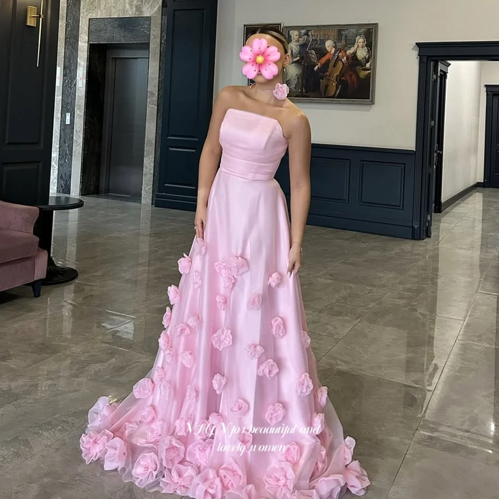 

NFYN A Line Prom Gown Strapless Evening Party Gowns 3D Flowers Princess Gowns for Arabic Women Customized